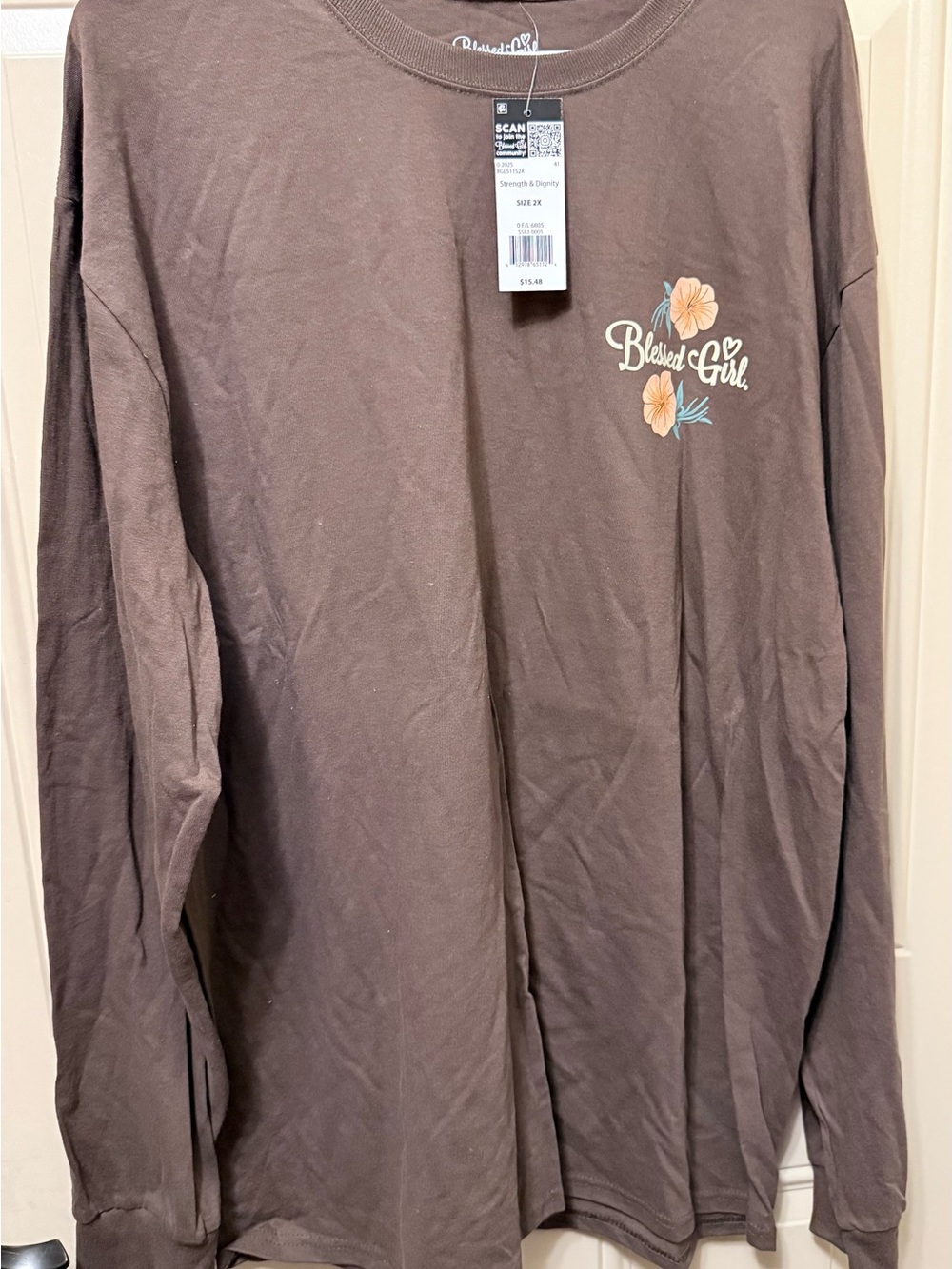 Blessed Girl Brown Strength and Dignity Long Sleeved Cotton Tee Size 2X